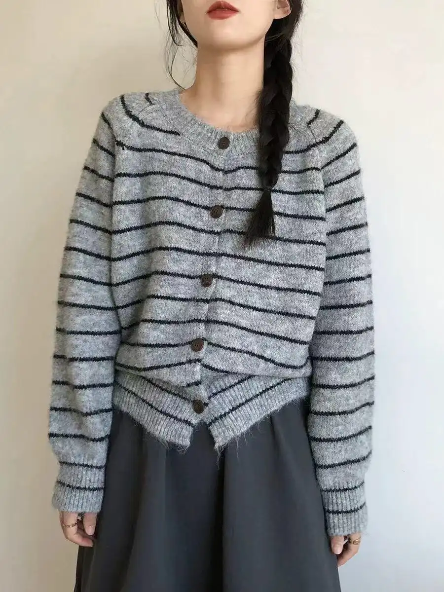 프렌치 심플 스트라이프 울 가디건 상세 이미지 7