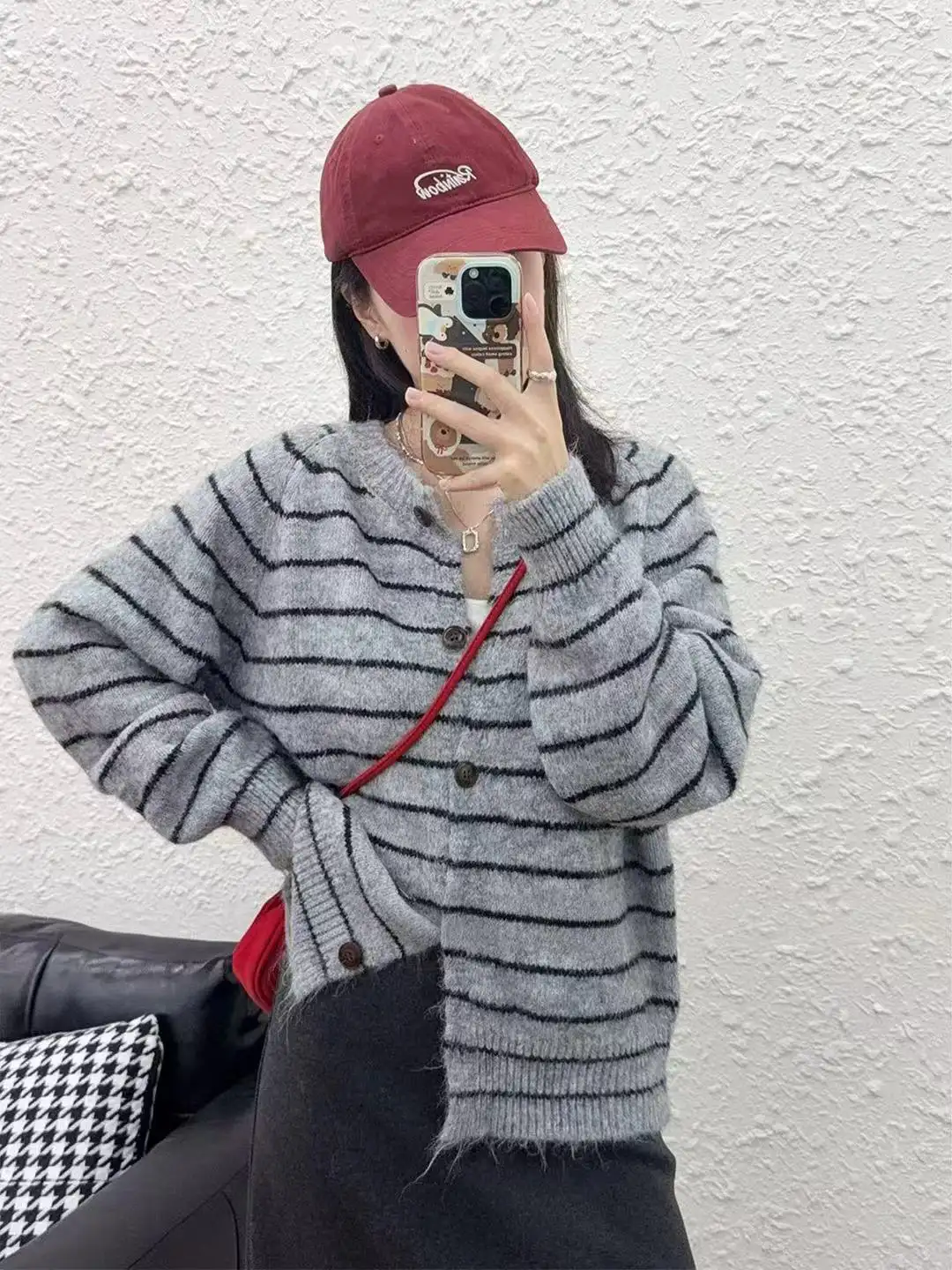 프렌치 심플 스트라이프 울 가디건 상세 이미지 8