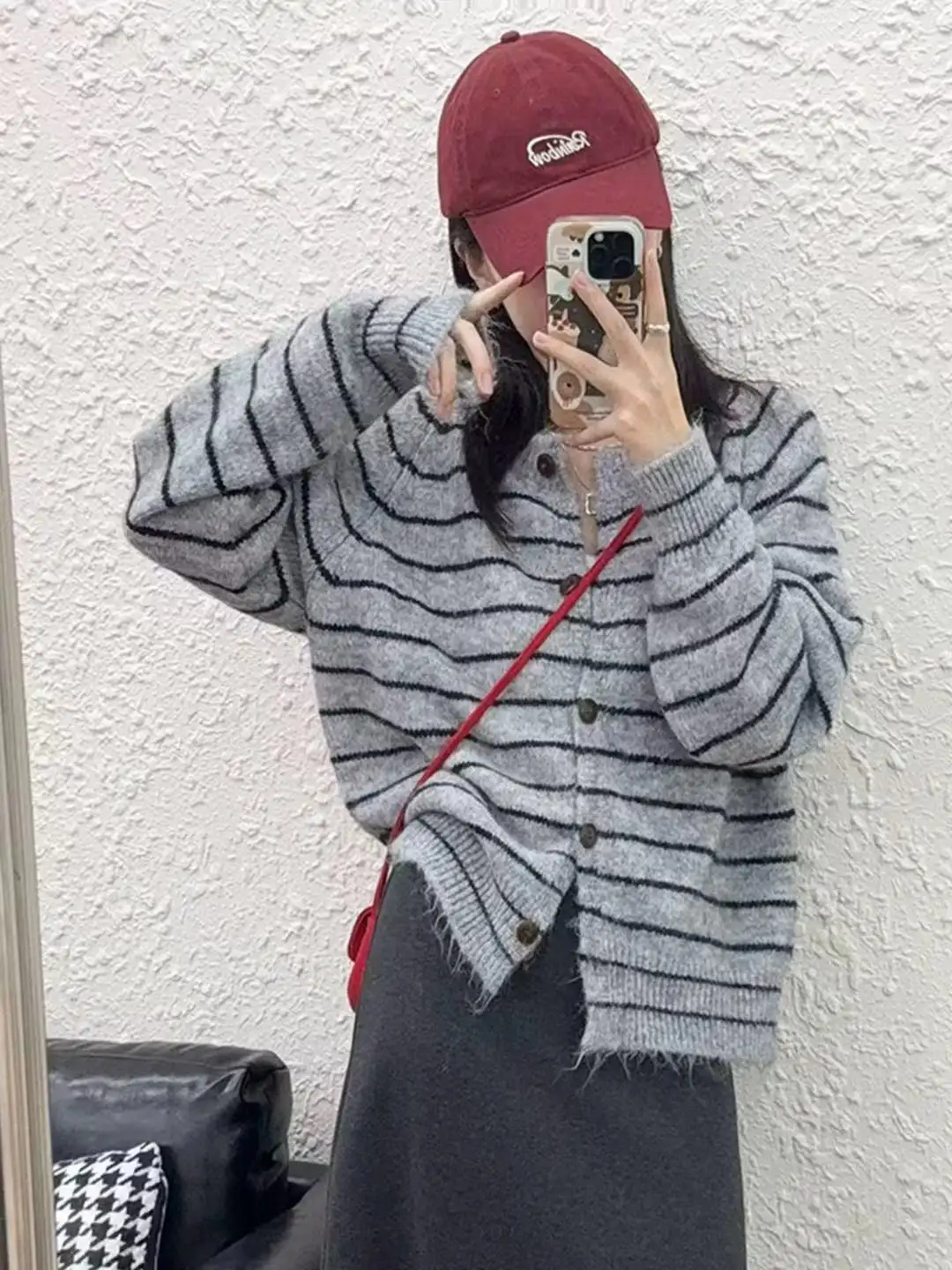 프렌치 심플 스트라이프 울 가디건 상세 이미지 9