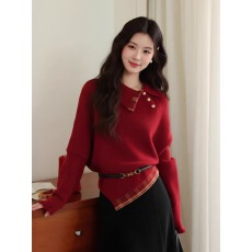 批发新年红色polo翻领套头针织毛衣女秋冬季<b class='q'>不规则</b>内搭打底衫长袖上衣