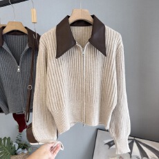 批发2025洋气高级感拼接皮领毛衣外套女<b class='q'>秋装</b>新款修身针织开衫上衣