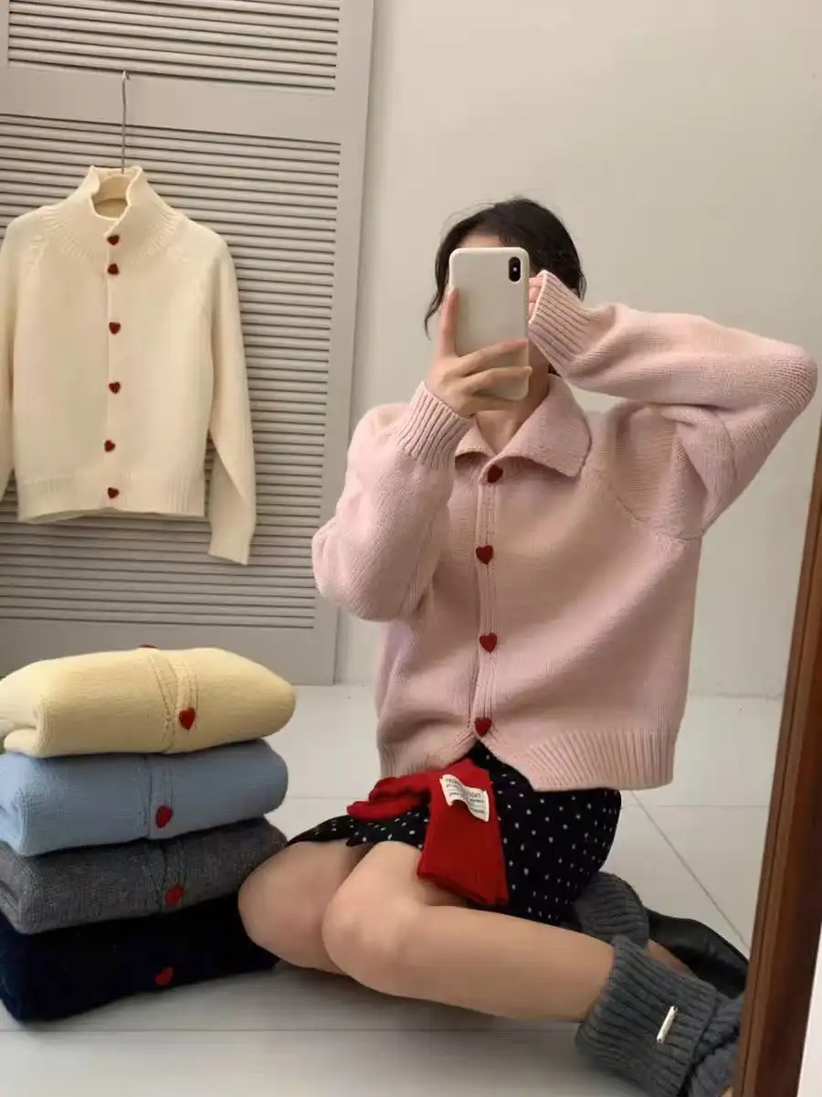 한국인기 폴드 칼라 하트 버튼 울 가디건 상세 이미지 1