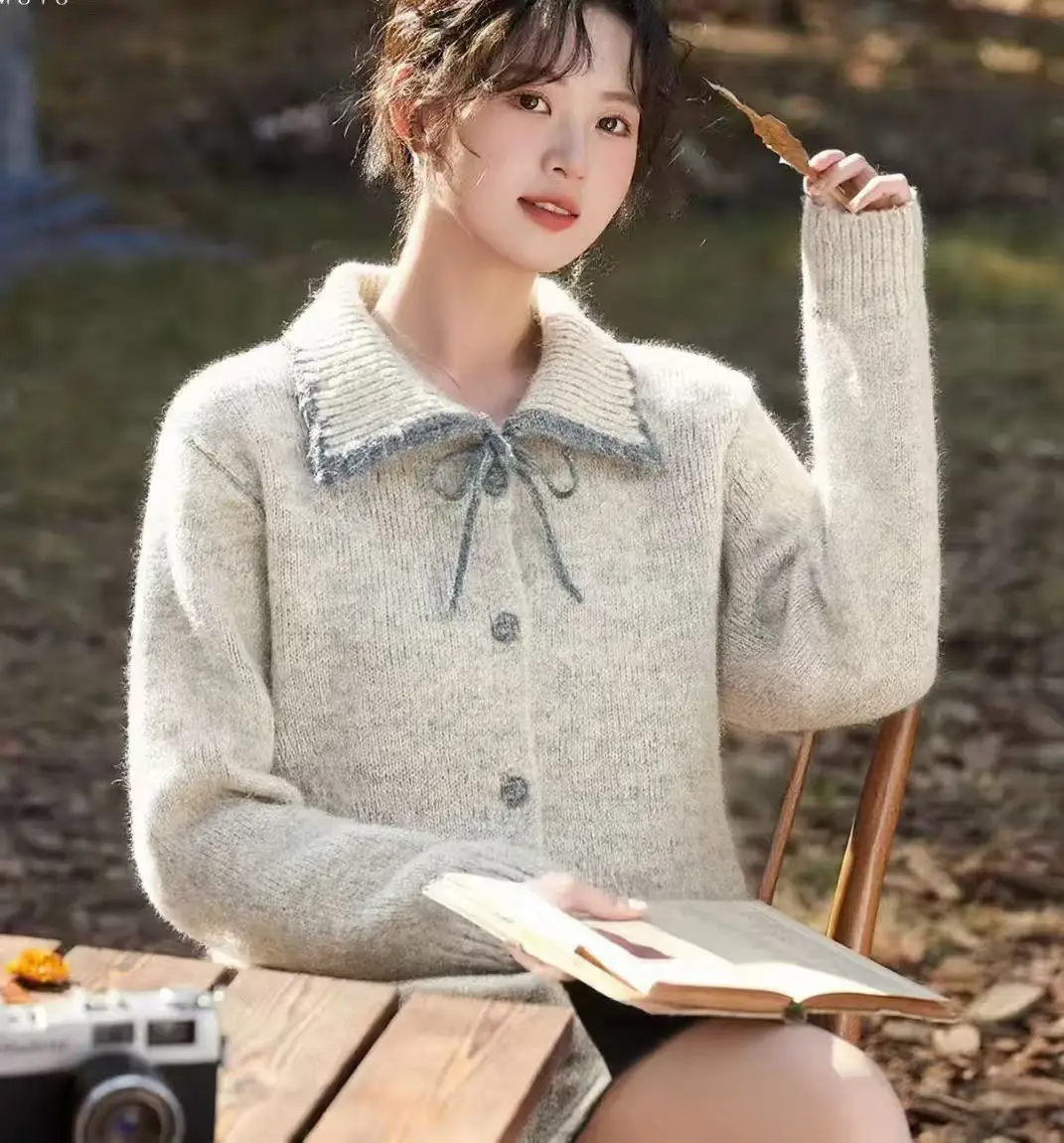 한국인기 배색 폴드 칼라 니트 가디건 상세 이미지 1