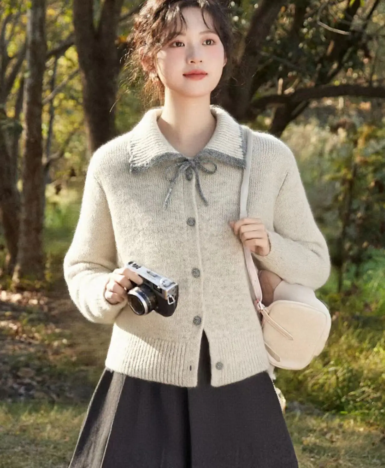 한국인기 배색 폴드 칼라 니트 가디건 상세 이미지 2