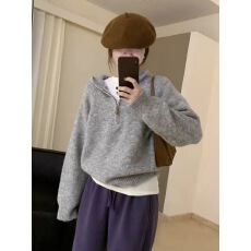 批发半拉链连帽灰色毛衣套头<b class='q'>女</b>宽松秋冬厚款内搭软糯针织卫衣帽衫