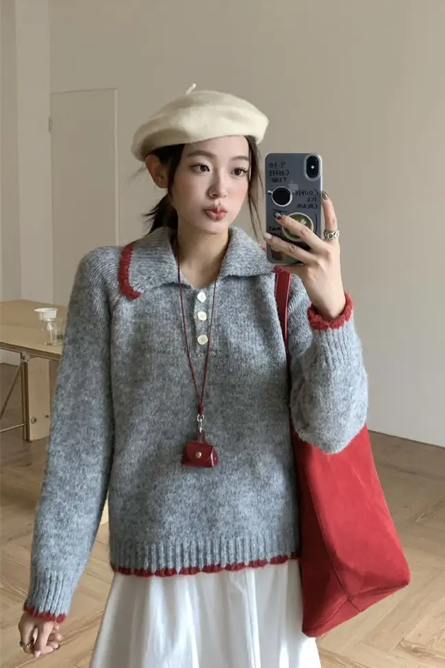 컬러 배색 폴라 칼라 니트 상세 이미지 1