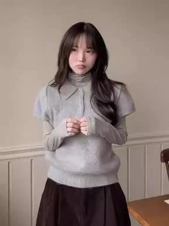 폴로넥 울 니트 반팔 티셔츠 상세 이미지 3