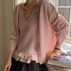 批发韩国新款秋冬季减龄内搭荷叶边吊带+长袖针织衫毛衣两件套<b class='q'>马海毛</b>