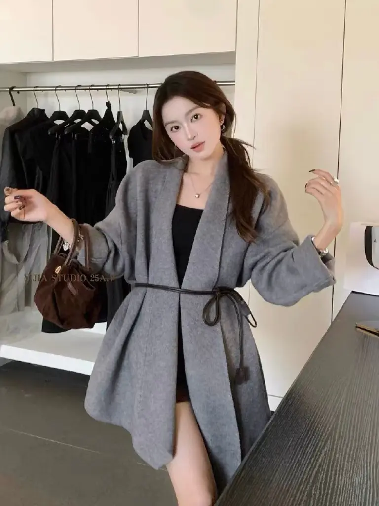 허리 끈 디자인 울 니트 카디건 상세 이미지 5