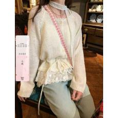 批发温柔风圆领<b class='q'>蕾丝</b>拼接长袖毛衣外套女秋冬新款韩系抽绳收腰针织上衣