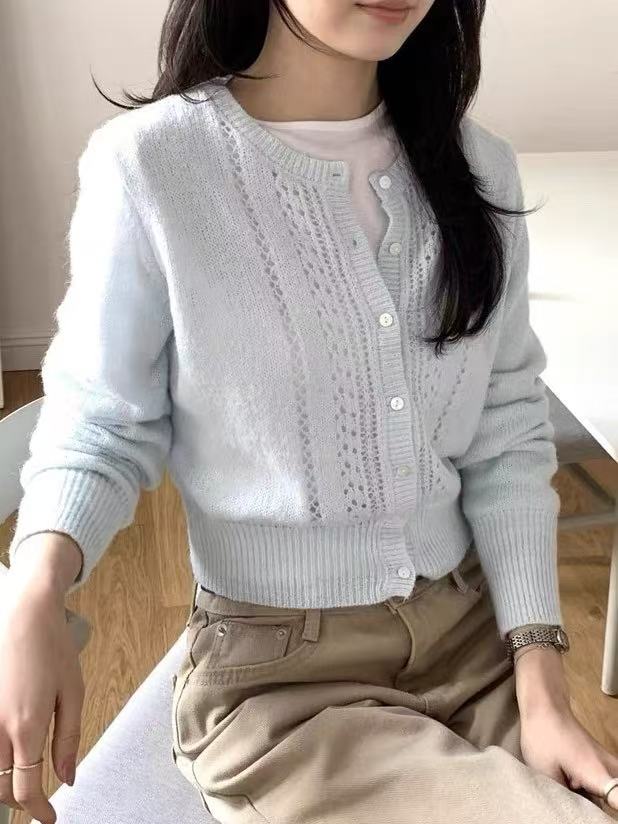 부드러운 바람 한 부서 착용 가져 가라. 핑크색 홀로우 아웃 니트 오픈 가디건 여성 이른 봄 고유 한 슈퍼 잘 생긴 외부 가져 가라. 아름다운 작은 맨위