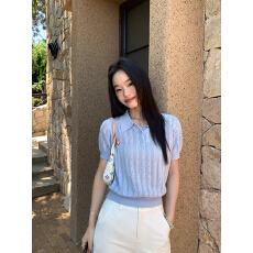 批发巴黎假日 复古polo领镂空针织短袖T恤女修身百搭正肩上衣