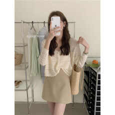 批发LEMON法式气质温柔宽松花边短款V领长袖白色冰丝镂空针织开衫女