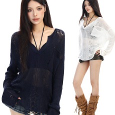 批发慵懒感微透镂空v领针织罩衫女气质简约休闲显瘦防晒衫上衣