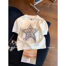 批发小香风五角星烫钻刺绣短袖针织衫女2026春夏新款休闲气质百搭<b class='q'>毛衣</b>