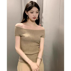 批发法式一字肩冰<b class='q'>丝</b>针织短袖T恤女夏季新款修身显瘦纯欲露肩短款上衣