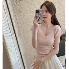 批发藕粉色正肩冰<b class='q'>丝</b>针织短袖T恤夏季修身显瘦小个子辣妹上衣体恤薄款