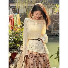 批发带腰绳 镂空<b class='q'>长袖</b><b class='q'>针织衫</b>女春夏季新款防晒罩衫宽松慵懒一字肩上衣