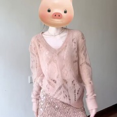 批发粉色<b class='q'>镂空</b>V领长袖针织<b class='q'>衫</b>女春秋季新款韩系温柔慵懒风宽松软糯毛衣