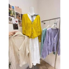 批发温柔黄色薄款镂空针织<b class='q'>开衫</b>女春夏2026新款韩系巨好看V领外穿上衣