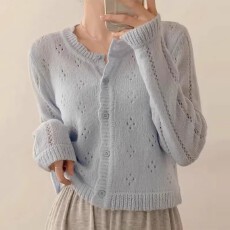 批发韩国chic秋季新款法式温柔风花边圆领薄款镂空软糯针织<b class='q'>开衫</b>外套女