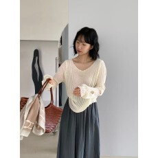 批发韩系气质设计感破洞长袖针织衫2026春秋新款慵懒风宽松显瘦上衣