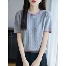 批发简约拼色天丝莱赛尔针织短袖女圆领席边立体感半袖夏宽松外穿T恤