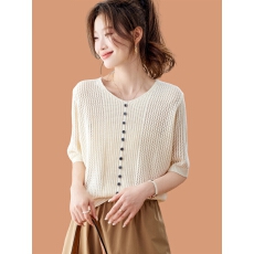 批发v领冰丝针织短袖t恤女2026新款<b class='q'>时尚</b>宽松薄镂空打底小衫配裙子上衣