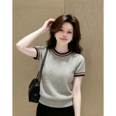 批发韩系慵懒撞色圆领短袖针织衫女春季新款设计感别致通勤绝美上衣潮