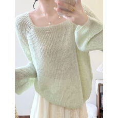 批发慵懒风薄荷绿微透斜肩针织衫女早春季新款松弛感宽松防晒罩衫上衣