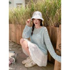 批发早春韩系镂空薄款蓝色长袖针织衫女春季新款防晒罩衫上衣