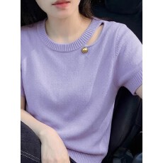 批发洋气百搭圆领镂空短袖女夏季针织宽松显瘦上衣别致高级感<b class='q'>打底衫</b>