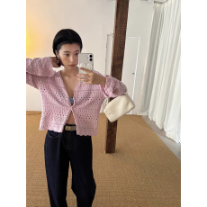 批发2026春新款韩系气质v领镂空勾花<b class='q'>针织</b><b class='q'>开衫</b>女短款小个子罩衫