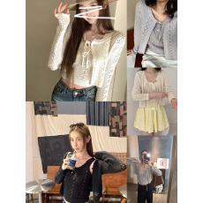 批发韩国东大门纯欲风钩花镂空女春秋系带短款<b class='q'>开衫</b>花边背心温柔两件套