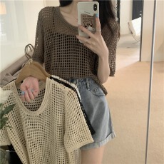 批发夏季2026年新款薄款短袖镂空防晒小罩衫外搭<b class='q'>短款</b>针织衫女慵懒上衣