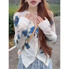 批发蓝色碎花薄款长袖<b class='q'>针织</b><b class='q'>开衫</b>女2026春夏季新款外搭洋气减龄显瘦上衣