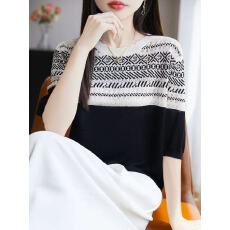 批发撞色条纹镂空短袖t恤女夏季2026新款<b class='q'>打底衫</b>洋气冰丝针织女装上衣