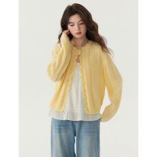 批发2026年春夏季新款时尚镂空薄款柔软百搭花边奶黄色毛衣<b class='q'>开衫</b>上衣女