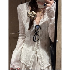 批发慵懒老钱风<b class='q'>白色</b>镂空马海毛针织开衫女秋冬高级感收腰毛衣罩衫外套