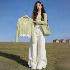 批发时尚百搭V领坑条拼接假两件打底针织开衫女2026春秋薄款减龄上衣