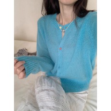 批发2026年蓝色马海毛韩版春秋新款<b class='q'>针织</b>衫外搭欧货软糯毛衣外套