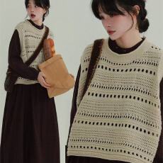 批发稀有外搭叠穿宽松卷边圆领勾花镂空毛衣背心新款宽松无袖针织马甲