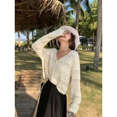 批发春季新款韩版设计感V领钩花<b class='q'>短款</b><b class='q'>针织</b>衫小众纯欲镂空防晒上衣