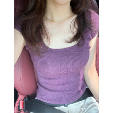 批发法式紫色大领口小飞袖针织冰丝短袖正肩t恤女夏季小个子短款上衣