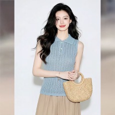 批发凉感法式蓝色polo领镂空针织<b class='q'>背心</b>上衣