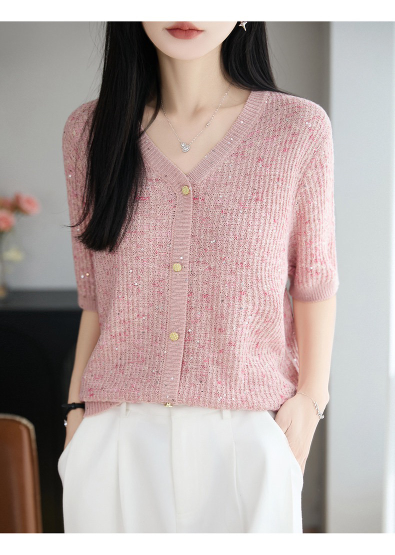 뽕나무 누에 실크 V넥 반팔 티셔츠 여성 루즈핏 슬림해 보이는 티셔츠 여름 새로운 외국 가스 핑크색 맨위 여성