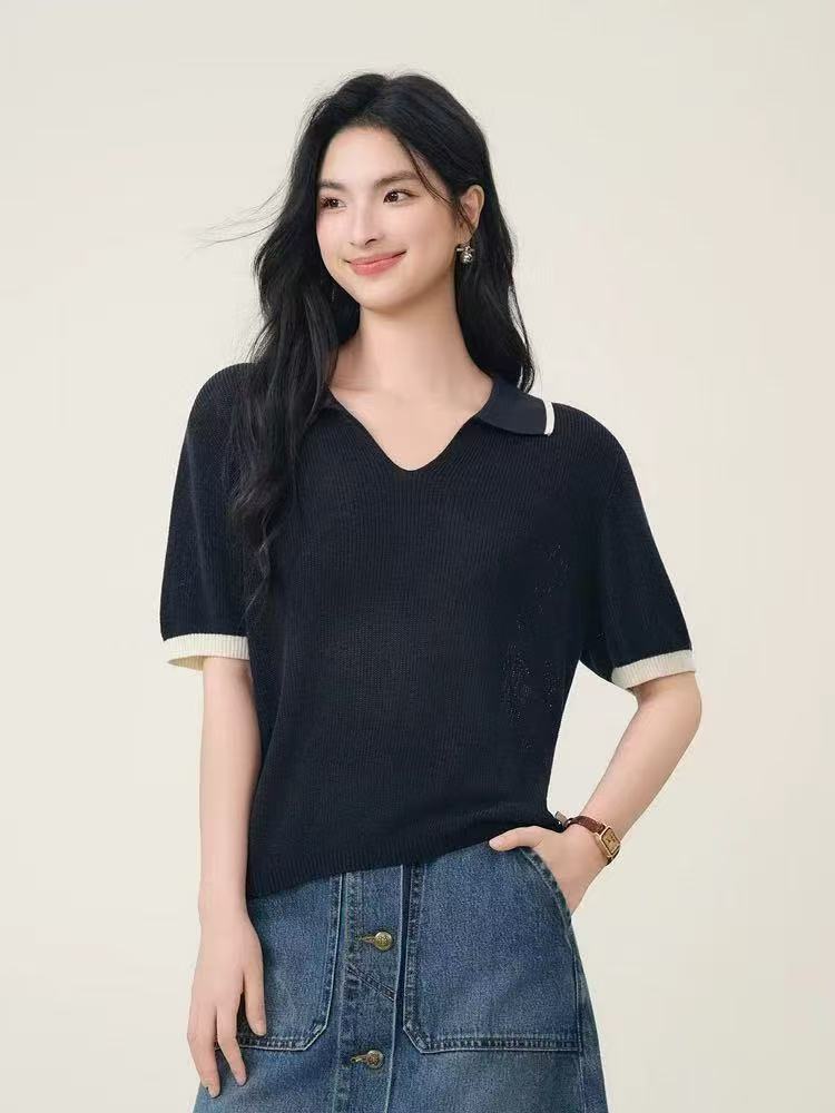 2026 새로운 주간 실크 폴로 칼라 배색 반팔 니트 스웨터 여름 고급 단색 쇼트 스타일 맨위