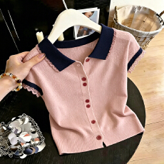 批发时尚高级感蕾丝拼接短袖针织衫<b class='q'>女</b>2026夏季新款韩系温柔减龄打底衫