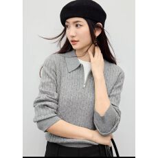 批发灰色半拉链 polo 领绞花针织衫女春秋软糯修身翻领长袖打底毛衣