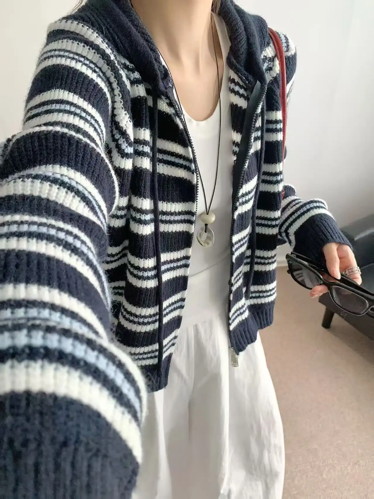 한국인기 스트라이프 더블 지퍼 울 가디건 상세 이미지 3